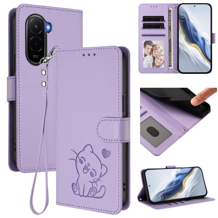 Embossed Heart Cat Leather Phone Case with Hand Strap, For Redmi 15C 5G / 4G EU 173mm / Poco C85 5G, For Xiaomi Poco M7 4G 169mm, For Redmi 15 5G Global / 15 4G SEA 169.5mm, For Redmi 15 5G / 4G EU 171mm
