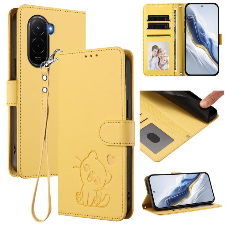 Embossed Heart Cat Leather Phone Case with Hand Strap, For Redmi 15C 5G / 4G EU 173mm / Poco C85 5G, For Xiaomi Poco M7 4G 169mm, For Redmi 15 5G Global / 15 4G SEA 169.5mm, For Redmi 15 5G / 4G EU 171mm