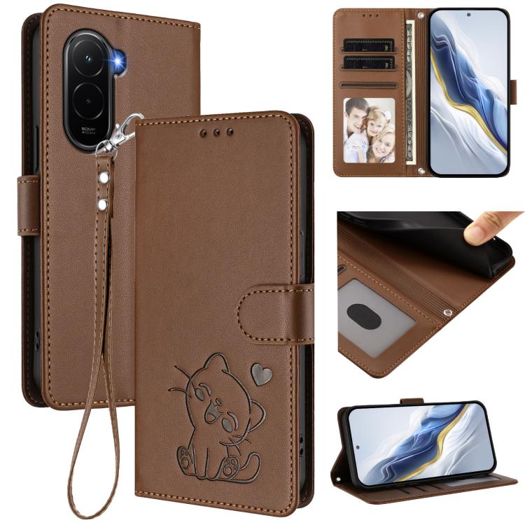 Embossed Heart Cat Leather Phone Case with Hand Strap, For Redmi 15C 5G / 4G EU 173mm / Poco C85 5G, For Xiaomi Poco M7 4G 169mm, For Redmi 15 5G Global / 15 4G SEA 169.5mm, For Redmi 15 5G / 4G EU 171mm