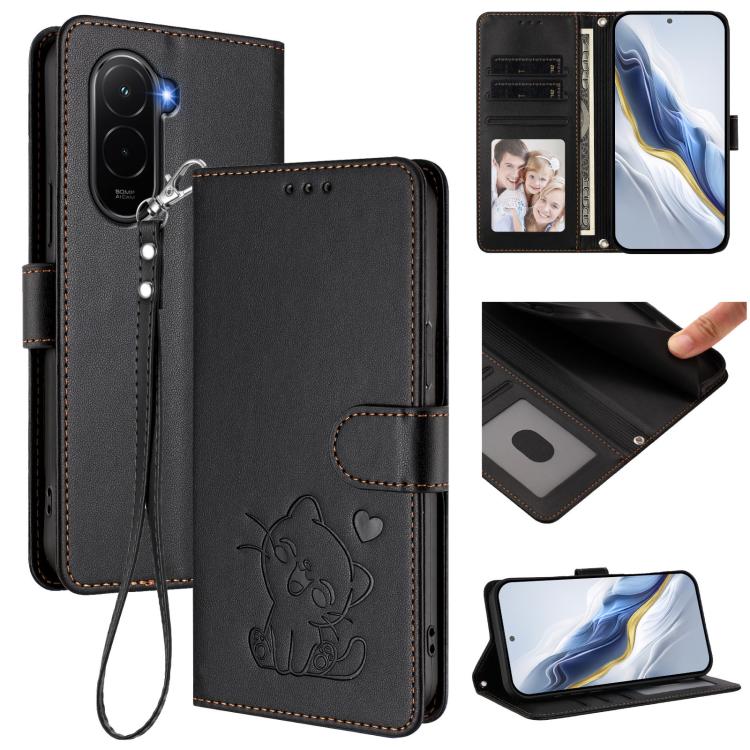 Embossed Heart Cat Leather Phone Case with Hand Strap, For Redmi 15C 5G / 4G EU 173mm / Poco C85 5G, For Xiaomi Poco M7 4G 169mm, For Redmi 15 5G Global / 15 4G SEA 169.5mm, For Redmi 15 5G / 4G EU 171mm