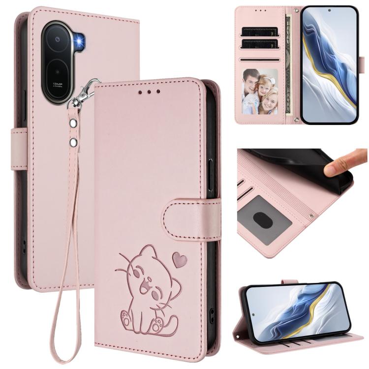 Embossed Heart Cat Leather Phone Case with Hand Strap, For Redmi A5 4G 171.7mm / Xiaomi Poco C71, For Redmi K90 Max 5G, For Redmi A7 Pro 4G / 5G 171mm / Poco C85x 5G, For Redmi 15a 5G