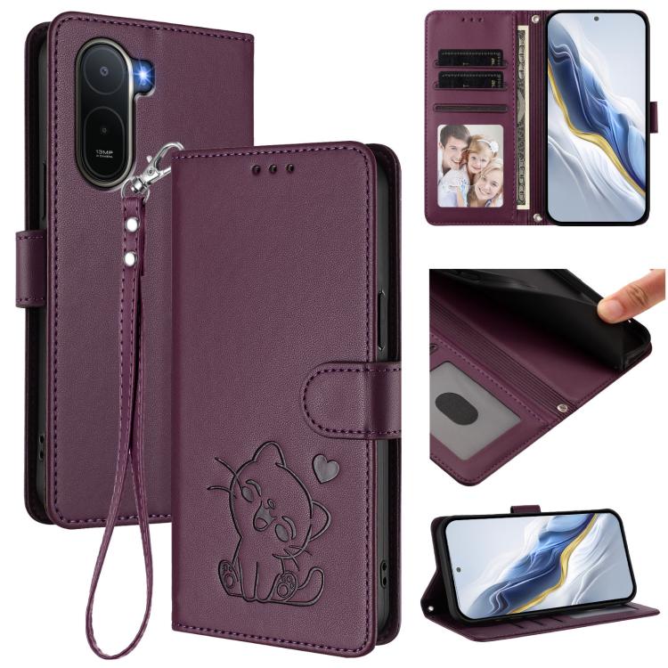 Embossed Heart Cat Leather Phone Case with Hand Strap, For Redmi A5 4G 171.7mm / Xiaomi Poco C71, For Redmi K90 Max 5G, For Redmi A7 Pro 4G / 5G 171mm / Poco C85x 5G, For Redmi 15a 5G