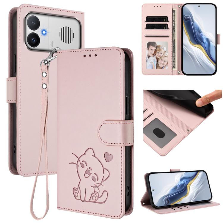 Embossed Heart Cat Leather Phone Case with Hand Strap, For Redmi A5 4G 171.7mm / Xiaomi Poco C71, For Redmi K90 Max 5G, For Redmi A7 Pro 4G / 5G 171mm / Poco C85x 5G, For Redmi 15a 5G