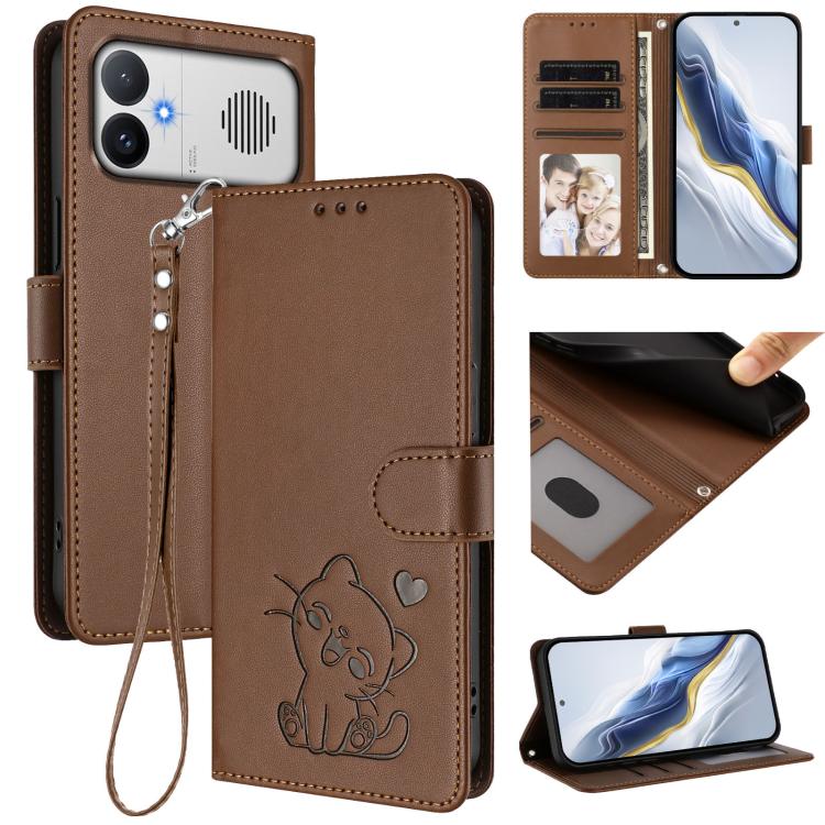Embossed Heart Cat Leather Phone Case with Hand Strap, For Redmi A5 4G 171.7mm / Xiaomi Poco C71, For Redmi K90 Max 5G, For Redmi A7 Pro 4G / 5G 171mm / Poco C85x 5G, For Redmi 15a 5G
