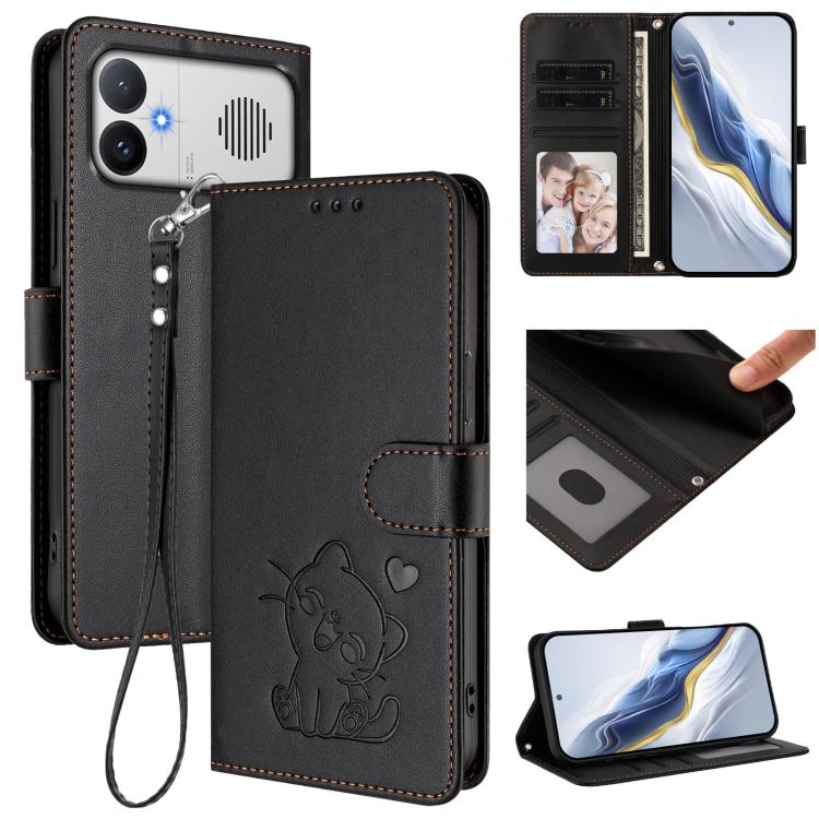 Embossed Heart Cat Leather Phone Case with Hand Strap, For Redmi A5 4G 171.7mm / Xiaomi Poco C71, For Redmi K90 Max 5G, For Redmi A7 Pro 4G / 5G 171mm / Poco C85x 5G, For Redmi 15a 5G