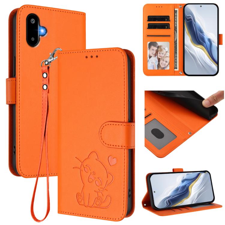 Embossed Heart Cat Leather Phone Case with Hand Strap, For Samsung Galaxy M36 5G, For Samsung Galaxy M56 5G, For Samsung Galaxy M16 5G / F16 5G, For Samsung Galaxy M06 5G / F06 5G