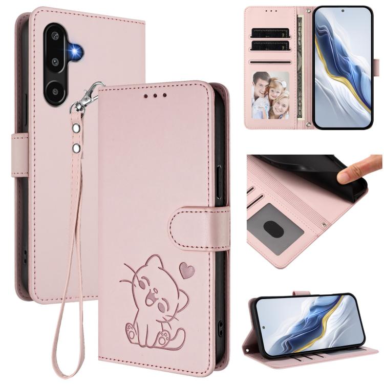 Embossed Heart Cat Leather Phone Case with Hand Strap, For Samsung Galaxy M36 5G, For Samsung Galaxy M56 5G, For Samsung Galaxy M16 5G / F16 5G, For Samsung Galaxy M06 5G / F06 5G