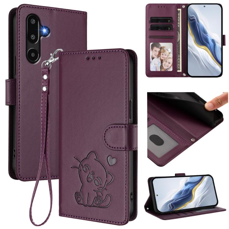 Embossed Heart Cat Leather Phone Case with Hand Strap, For Samsung Galaxy M36 5G, For Samsung Galaxy M56 5G, For Samsung Galaxy M16 5G / F16 5G, For Samsung Galaxy M06 5G / F06 5G