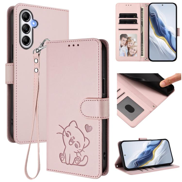 Embossed Heart Cat Leather Phone Case with Hand Strap, For Samsung Galaxy M54 5G / F54 5G, For Samsung Galaxy M14 5G, For Samsung Galaxy M53 5G, For Samsung Galaxy M33 5G