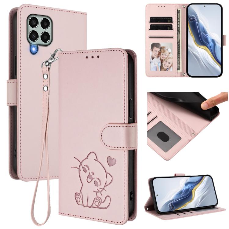 Embossed Heart Cat Leather Phone Case with Hand Strap, For Samsung Galaxy M54 5G / F54 5G, For Samsung Galaxy M14 5G, For Samsung Galaxy M53 5G, For Samsung Galaxy M33 5G