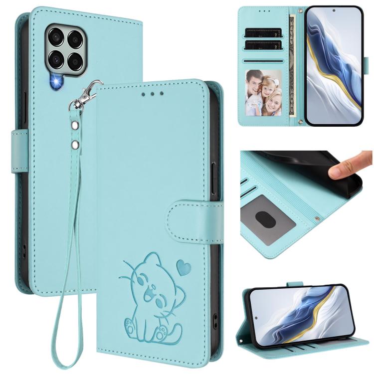 Embossed Heart Cat Leather Phone Case with Hand Strap, For Samsung Galaxy M54 5G / F54 5G, For Samsung Galaxy M14 5G, For Samsung Galaxy M53 5G, For Samsung Galaxy M33 5G