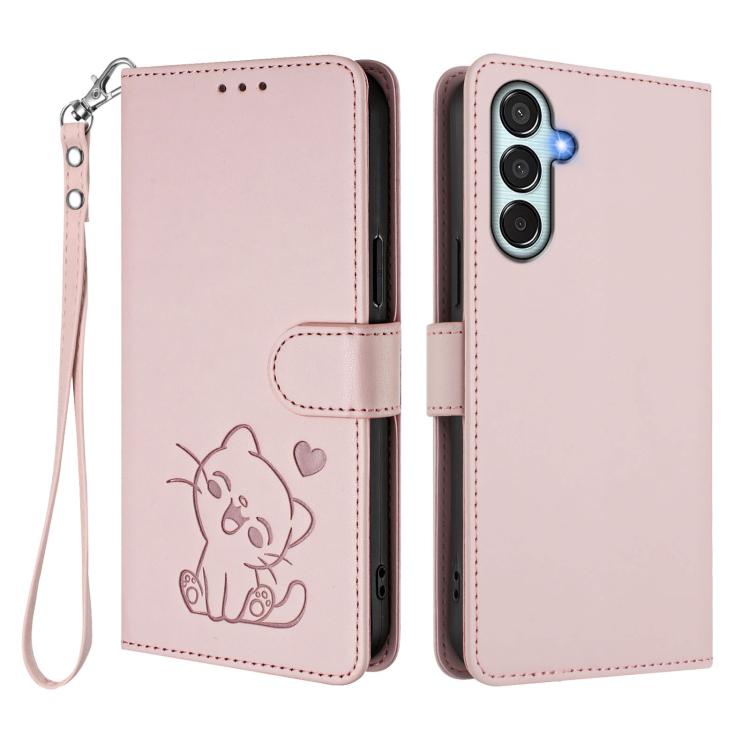 Embossed Heart Cat Leather Phone Case with Hand Strap, For Samsung Galaxy M35 5G, For Samsung Galaxy M55 / C55, For Samsung Galaxy M15 5G / F15 5G, For Samsung Galaxy M34 5G / F34 5G