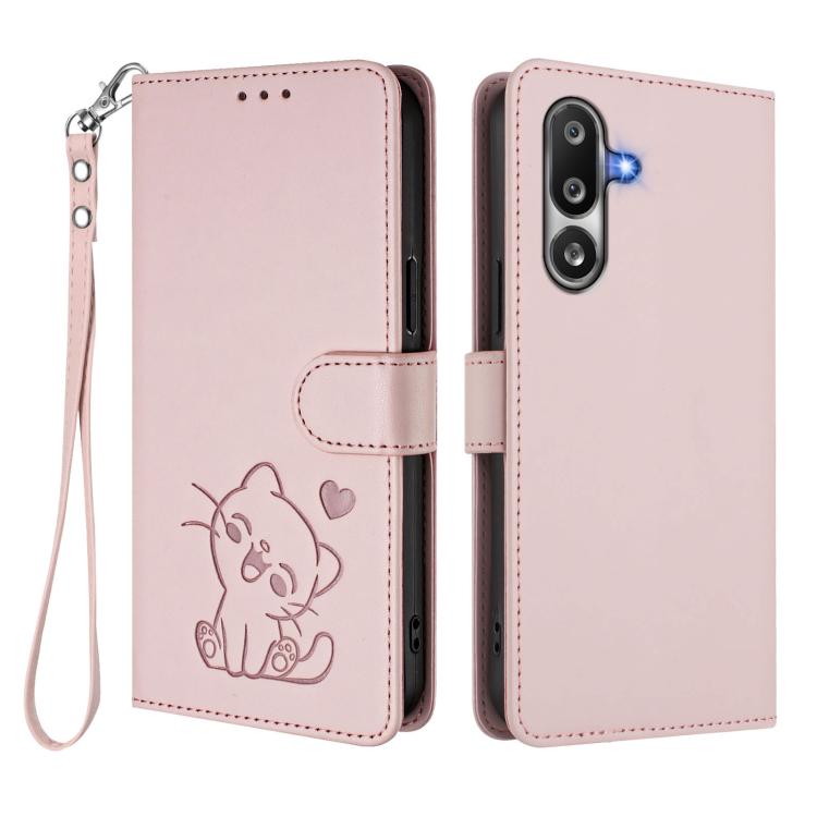 Embossed Heart Cat Leather Phone Case with Hand Strap, For Samsung Galaxy M36 5G, For Samsung Galaxy M56 5G, For Samsung Galaxy M16 5G / F16 5G, For Samsung Galaxy M06 5G / F06 5G