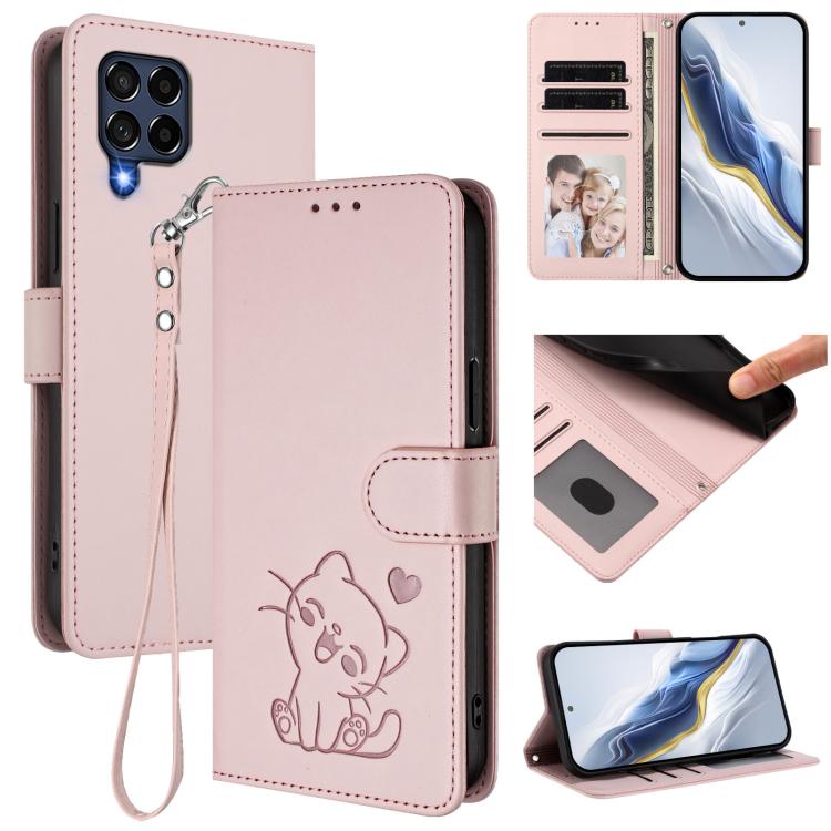 Embossed Heart Cat Leather Phone Case with Hand Strap, For Samsung Galaxy M54 5G / F54 5G, For Samsung Galaxy M14 5G, For Samsung Galaxy M53 5G, For Samsung Galaxy M33 5G