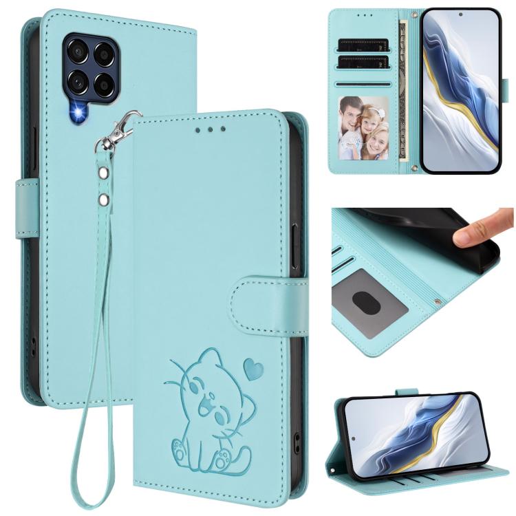 Embossed Heart Cat Leather Phone Case with Hand Strap, For Samsung Galaxy M54 5G / F54 5G, For Samsung Galaxy M14 5G, For Samsung Galaxy M53 5G, For Samsung Galaxy M33 5G