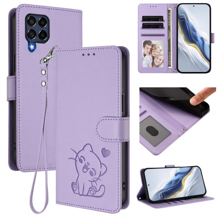 Embossed Heart Cat Leather Phone Case with Hand Strap, For Samsung Galaxy M54 5G / F54 5G, For Samsung Galaxy M14 5G, For Samsung Galaxy M53 5G, For Samsung Galaxy M33 5G