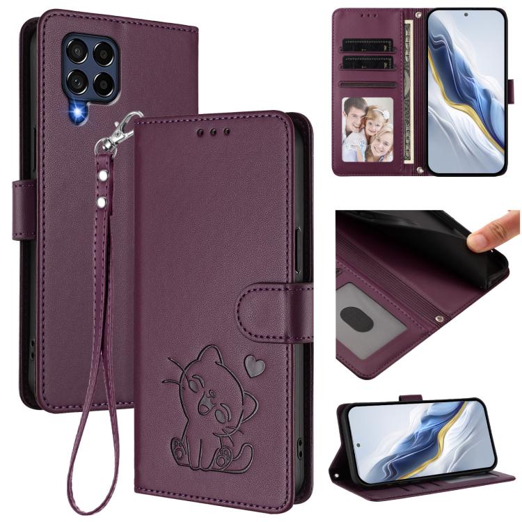 Embossed Heart Cat Leather Phone Case with Hand Strap, For Samsung Galaxy M54 5G / F54 5G, For Samsung Galaxy M14 5G, For Samsung Galaxy M53 5G, For Samsung Galaxy M33 5G