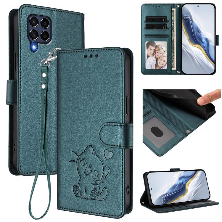Embossed Heart Cat Leather Phone Case with Hand Strap, For Samsung Galaxy M54 5G / F54 5G, For Samsung Galaxy M14 5G, For Samsung Galaxy M53 5G, For Samsung Galaxy M33 5G