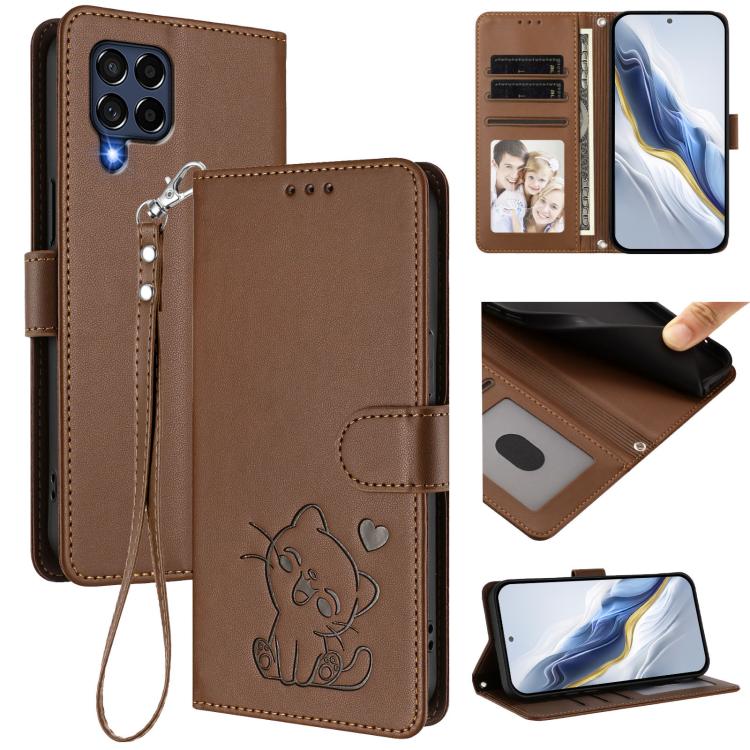 Embossed Heart Cat Leather Phone Case with Hand Strap, For Samsung Galaxy M54 5G / F54 5G, For Samsung Galaxy M14 5G, For Samsung Galaxy M53 5G, For Samsung Galaxy M33 5G