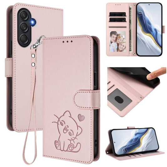Embossed Heart Cat Leather Phone Case with Hand Strap, For Samsung Galaxy M54 5G / F54 5G, For Samsung Galaxy M14 5G, For Samsung Galaxy M53 5G, For Samsung Galaxy M33 5G