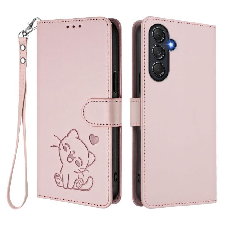 Embossed Heart Cat Leather Phone Case with Hand Strap, For Samsung Galaxy M54 5G / F54 5G, For Samsung Galaxy M14 5G, For Samsung Galaxy M53 5G, For Samsung Galaxy M33 5G