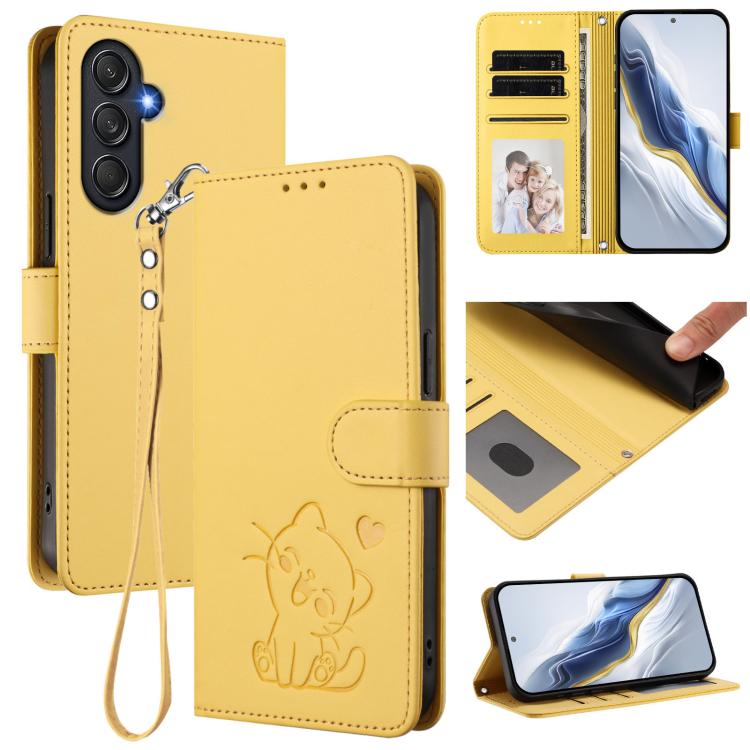 Embossed Heart Cat Leather Phone Case with Hand Strap, For Samsung Galaxy M54 5G / F54 5G, For Samsung Galaxy M14 5G, For Samsung Galaxy M53 5G, For Samsung Galaxy M33 5G