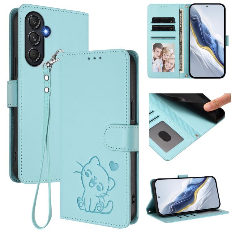 Embossed Heart Cat Leather Phone Case with Hand Strap, For Samsung Galaxy M35 5G, For Samsung Galaxy M55 / C55, For Samsung Galaxy M15 5G / F15 5G, For Samsung Galaxy M34 5G / F34 5G