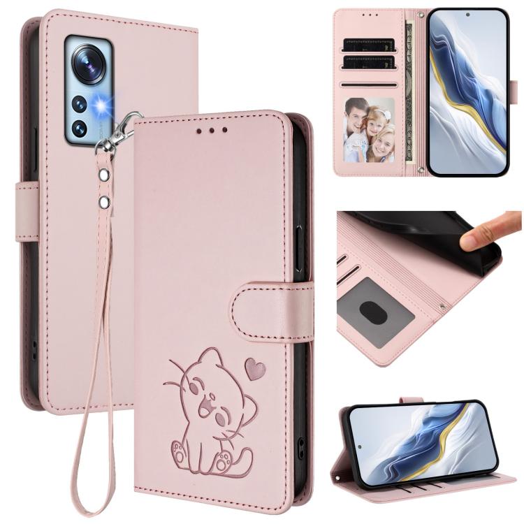 Embossed Heart Cat Leather Phone Case with Hand Strap, For Xiaomi 12S Ultra, For Xiaomi 12 Pro / 12S Pro, For Xiaomi 12 5G / 12X 5G / 12S 5G, For Xiaomi 12 Lite