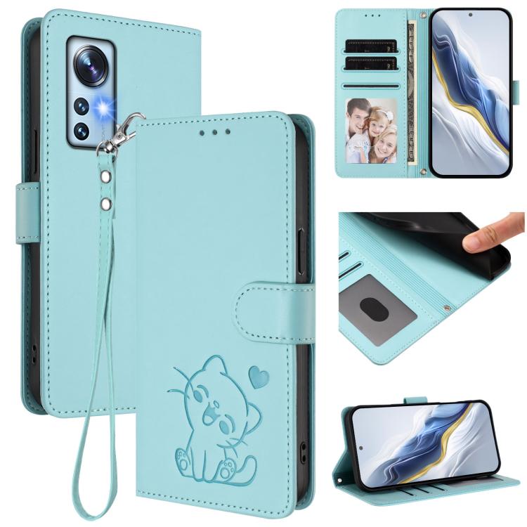 Embossed Heart Cat Leather Phone Case with Hand Strap, For Xiaomi 12S Ultra, For Xiaomi 12 Pro / 12S Pro, For Xiaomi 12 5G / 12X 5G / 12S 5G, For Xiaomi 12 Lite