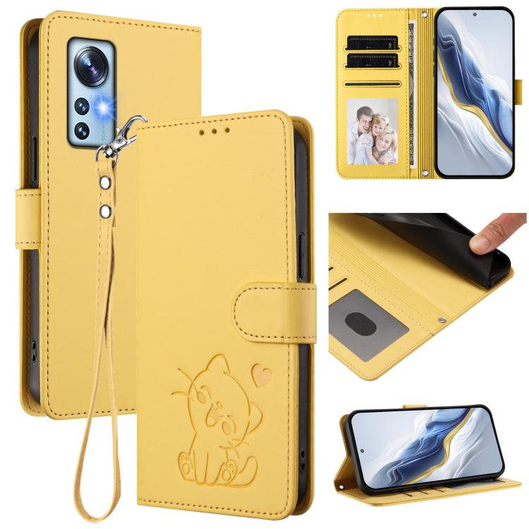 Embossed Heart Cat Leather Phone Case with Hand Strap, For Xiaomi 12S Ultra, For Xiaomi 12 Pro / 12S Pro, For Xiaomi 12 5G / 12X 5G / 12S 5G, For Xiaomi 12 Lite