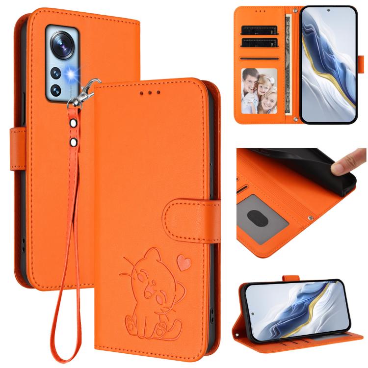 Embossed Heart Cat Leather Phone Case with Hand Strap, For Xiaomi 12S Ultra, For Xiaomi 12 Pro / 12S Pro, For Xiaomi 12 5G / 12X 5G / 12S 5G, For Xiaomi 12 Lite