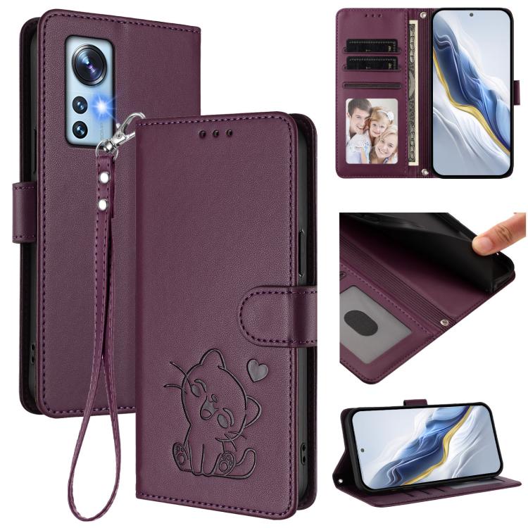 Embossed Heart Cat Leather Phone Case with Hand Strap, For Xiaomi 12S Ultra, For Xiaomi 12 Pro / 12S Pro, For Xiaomi 12 5G / 12X 5G / 12S 5G, For Xiaomi 12 Lite