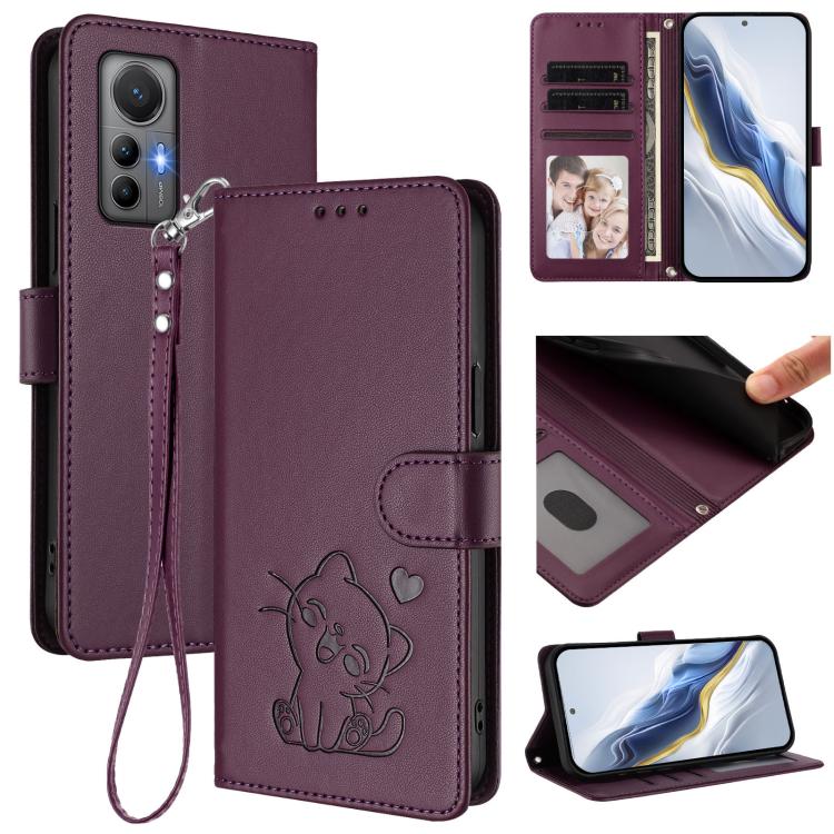 Embossed Heart Cat Leather Phone Case with Hand Strap, For Xiaomi 12S Ultra, For Xiaomi 12 Pro / 12S Pro, For Xiaomi 12 5G / 12X 5G / 12S 5G, For Xiaomi 12 Lite