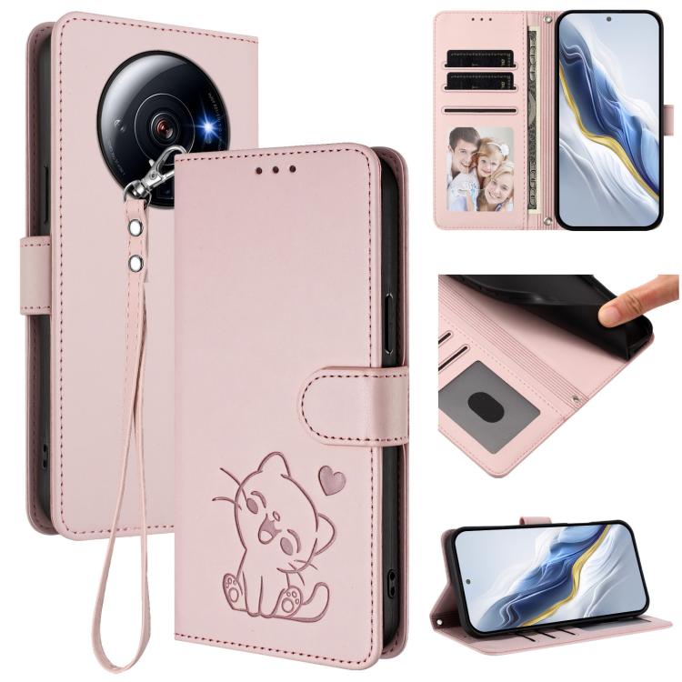 Embossed Heart Cat Leather Phone Case with Hand Strap, For Xiaomi 12S Ultra, For Xiaomi 12 Pro / 12S Pro, For Xiaomi 12 5G / 12X 5G / 12S 5G, For Xiaomi 12 Lite
