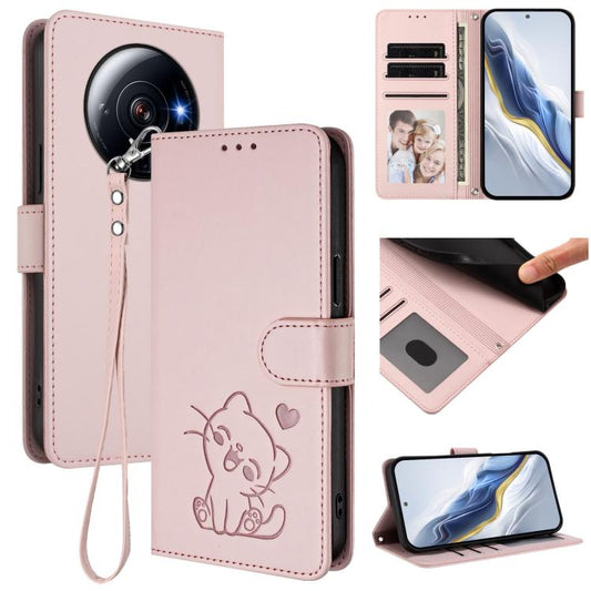 Embossed Heart Cat Leather Phone Case with Hand Strap, For Xiaomi 12S Ultra, For Xiaomi 12 Pro / 12S Pro, For Xiaomi 12 5G / 12X 5G / 12S 5G, For Xiaomi 12 Lite