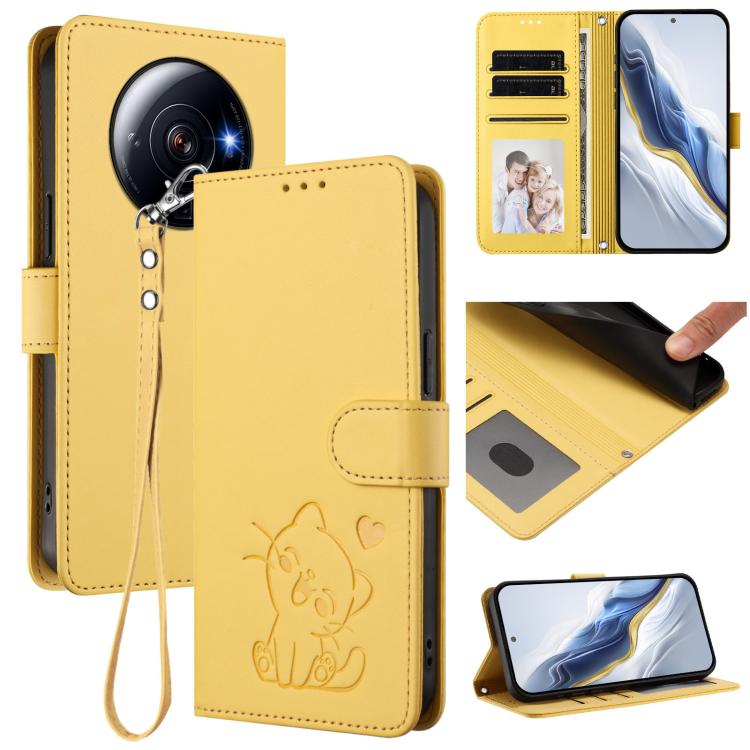 Embossed Heart Cat Leather Phone Case with Hand Strap, For Xiaomi 12S Ultra, For Xiaomi 12 Pro / 12S Pro, For Xiaomi 12 5G / 12X 5G / 12S 5G, For Xiaomi 12 Lite