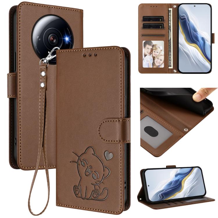 Embossed Heart Cat Leather Phone Case with Hand Strap, For Xiaomi 12S Ultra, For Xiaomi 12 Pro / 12S Pro, For Xiaomi 12 5G / 12X 5G / 12S 5G, For Xiaomi 12 Lite