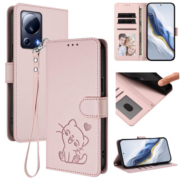 Embossed Heart Cat Leather Phone Case with Hand Strap, For Xiaomi Civi 3 5G, For Xiaomi 13 Lite 5G / Civi 2, For Xiaomi 13 Pro 5G, For Xiaomi 13 5G
