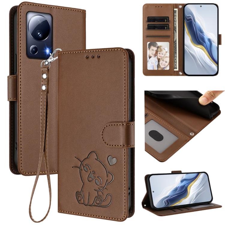 Embossed Heart Cat Leather Phone Case with Hand Strap, For Xiaomi Civi 3 5G, For Xiaomi 13 Lite 5G / Civi 2, For Xiaomi 13 Pro 5G, For Xiaomi 13 5G