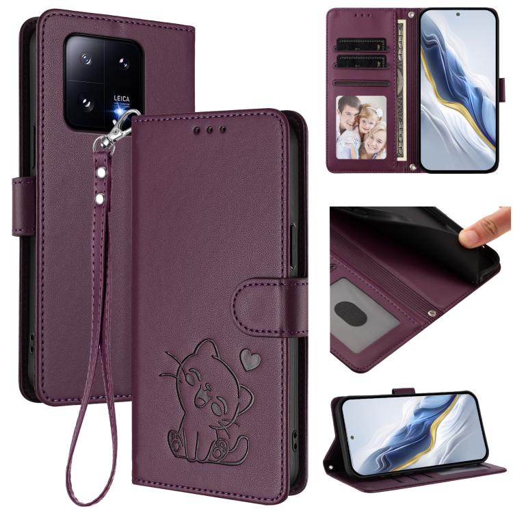 Embossed Heart Cat Leather Phone Case with Hand Strap, For Xiaomi Civi 3 5G, For Xiaomi 13 Lite 5G / Civi 2, For Xiaomi 13 Pro 5G, For Xiaomi 13 5G