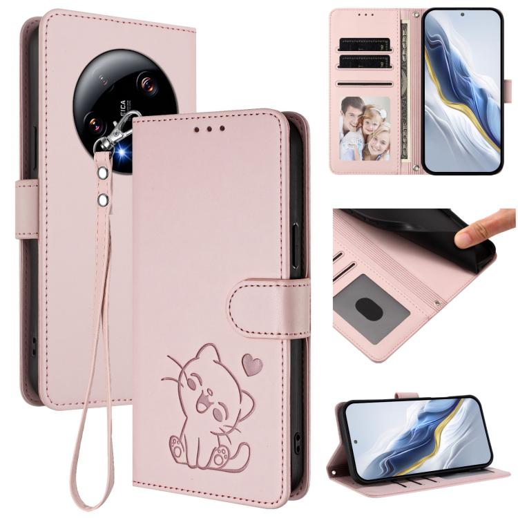 Embossed Heart Cat Leather Phone Case with Hand Strap, For Xiaomi 14 Pro 5G, For Xiaomi 14 5G, For Xiaomi 13T / 13T Pro 5G, For Xiaomi 13 Ultra