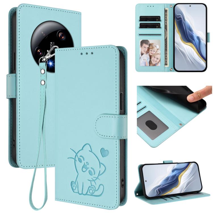 Embossed Heart Cat Leather Phone Case with Hand Strap, For Xiaomi 14 Pro 5G, For Xiaomi 14 5G, For Xiaomi 13T / 13T Pro 5G, For Xiaomi 13 Ultra