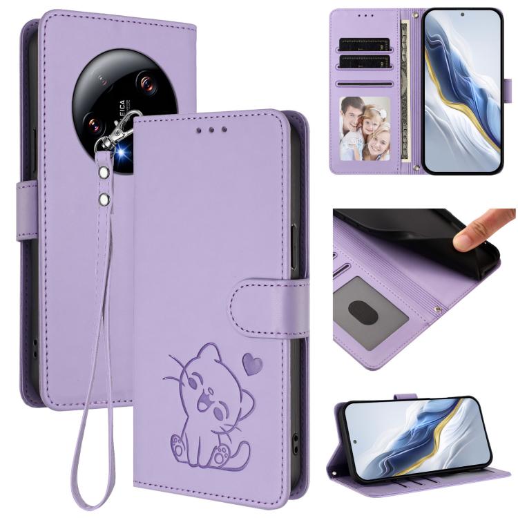 Embossed Heart Cat Leather Phone Case with Hand Strap, For Xiaomi 14 Pro 5G, For Xiaomi 14 5G, For Xiaomi 13T / 13T Pro 5G, For Xiaomi 13 Ultra