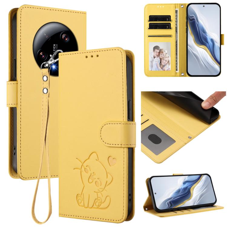 Embossed Heart Cat Leather Phone Case with Hand Strap, For Xiaomi 14 Pro 5G, For Xiaomi 14 5G, For Xiaomi 13T / 13T Pro 5G, For Xiaomi 13 Ultra