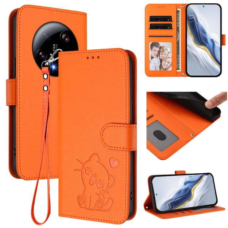 Embossed Heart Cat Leather Phone Case with Hand Strap, For Xiaomi 14 Pro 5G, For Xiaomi 14 5G, For Xiaomi 13T / 13T Pro 5G, For Xiaomi 13 Ultra