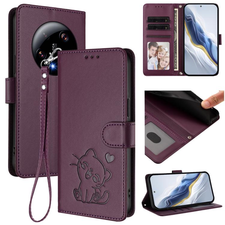 Embossed Heart Cat Leather Phone Case with Hand Strap, For Xiaomi 14 Pro 5G, For Xiaomi 14 5G, For Xiaomi 13T / 13T Pro 5G, For Xiaomi 13 Ultra