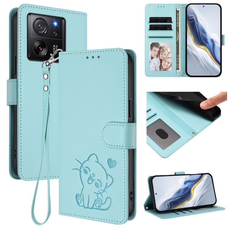 Embossed Heart Cat Leather Phone Case with Hand Strap, For Xiaomi 14 Pro 5G, For Xiaomi 14 5G, For Xiaomi 13T / 13T Pro 5G, For Xiaomi 13 Ultra
