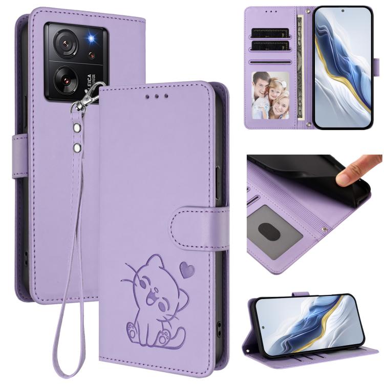 Embossed Heart Cat Leather Phone Case with Hand Strap, For Xiaomi 14 Pro 5G, For Xiaomi 14 5G, For Xiaomi 13T / 13T Pro 5G, For Xiaomi 13 Ultra
