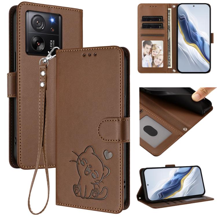 Embossed Heart Cat Leather Phone Case with Hand Strap, For Xiaomi 14 Pro 5G, For Xiaomi 14 5G, For Xiaomi 13T / 13T Pro 5G, For Xiaomi 13 Ultra