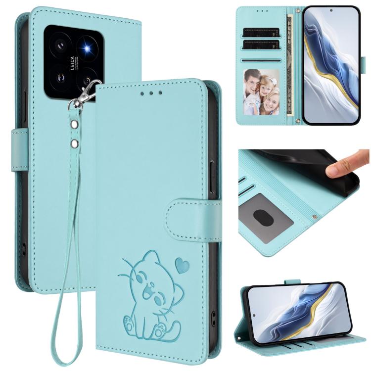 Embossed Heart Cat Leather Phone Case with Hand Strap, For Xiaomi 14 Pro 5G, For Xiaomi 14 5G, For Xiaomi 13T / 13T Pro 5G, For Xiaomi 13 Ultra